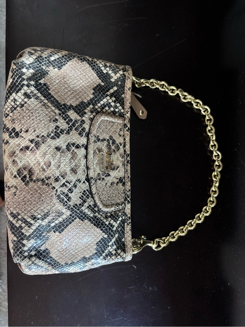Coach Mini Python-Print Shoulder Bag in Beige, Black and Cream with Gold Chain